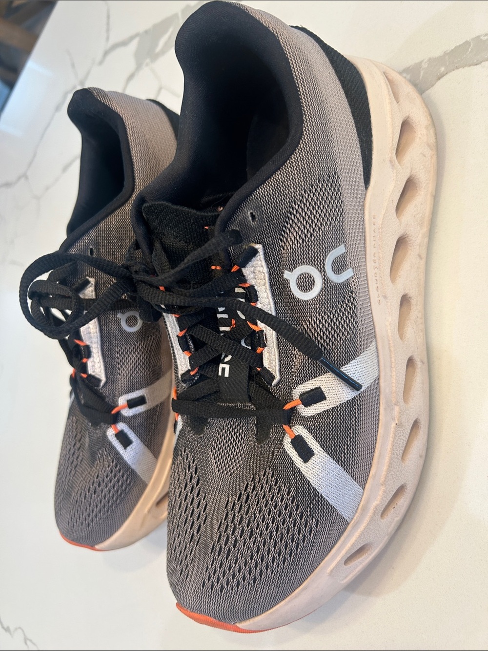 On Running Gray and Black Women's Running Sneakers with Orange Accents - Picture 3 of 6